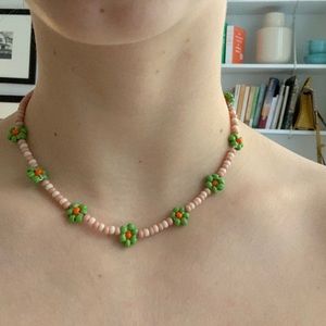Pink and Green Flower Beaded Nacklace